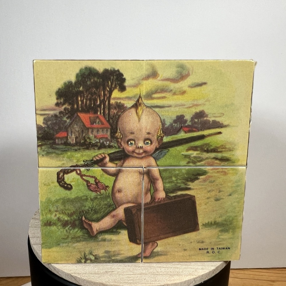Vintage Wooden Block Puzzle Taiwan ROC Kewpie Cupid Victorian Art 6 Piece Set